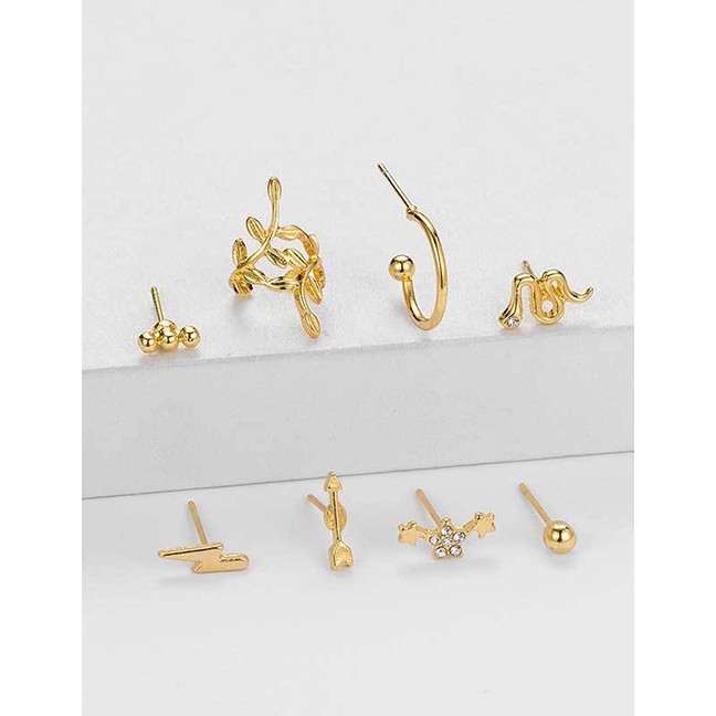 LRC Anting Tusuk Fashion Golden Diamond Leaf Snake Star Stud Earrings Set D63514