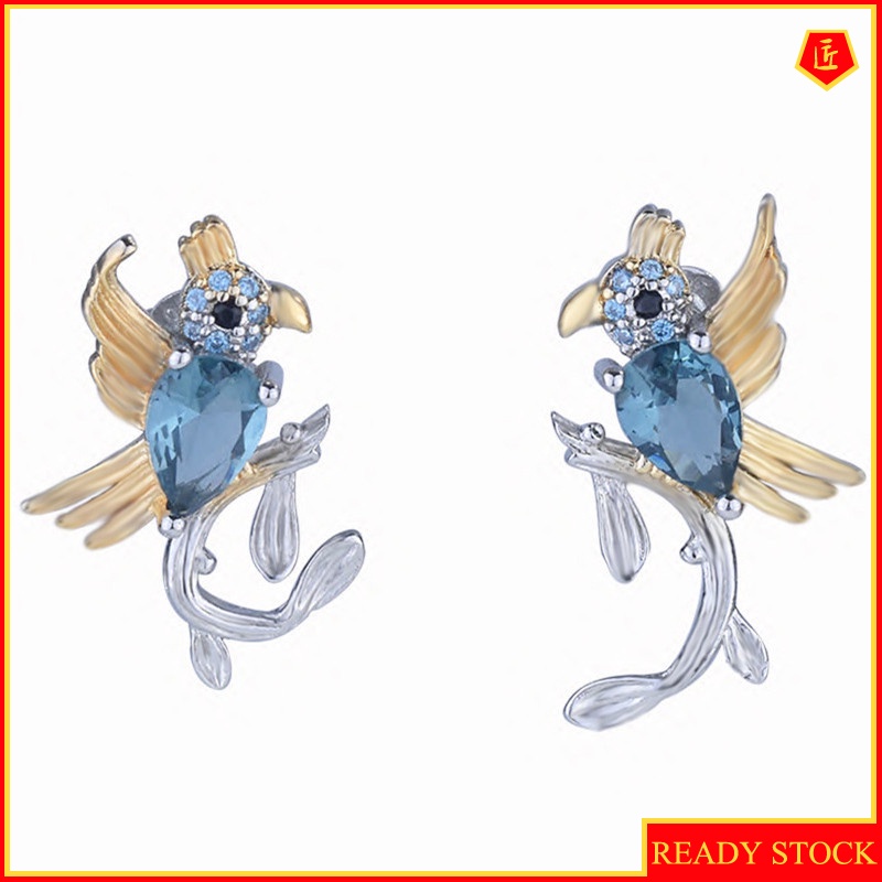 [Ready Stock]Creative Inlaid Sapphire Bird Branch Ear Studs