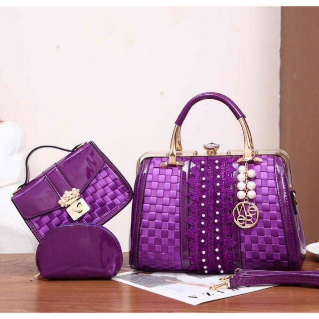 Tas Wanita Webe Behel Brokat 5712# set 3in1 bahan polyster kombi glossy Tas Grosir Batam