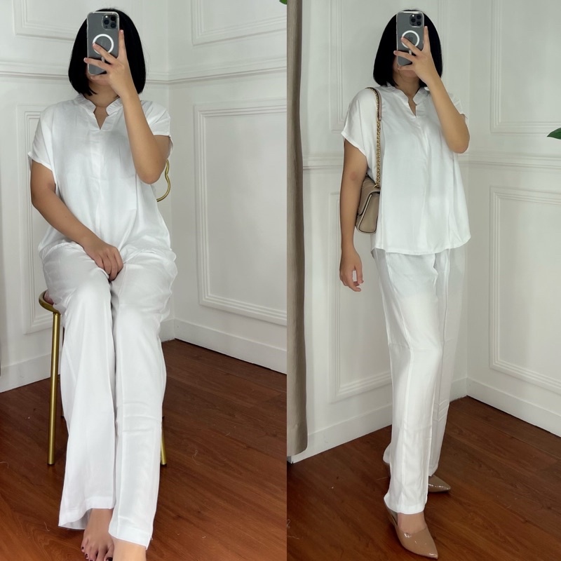 ONE SET TWILL PIYAMA SET TWILL/PAJAMAS/DAILY ONE SET/SETELAN / SETCEL / KEMEJA RAYON / RAYON TWILL-WHITE TWILL