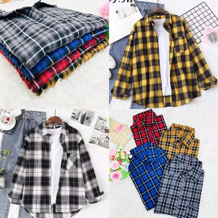 Yurami Flanel Pocket Shirt Kemeja wanita kemeja cewek kemeja kotak kotak