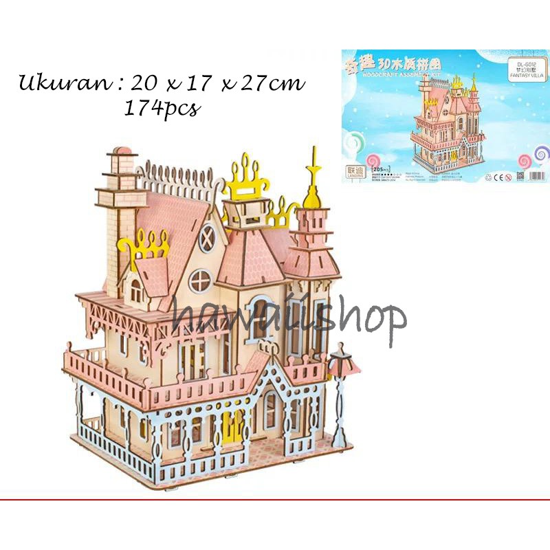 Hawaii Shop Puzzle 3D DIY bahan kayu FANTASY VILLA mainan puzzle edukasi anak (kado &amp; pajangan)