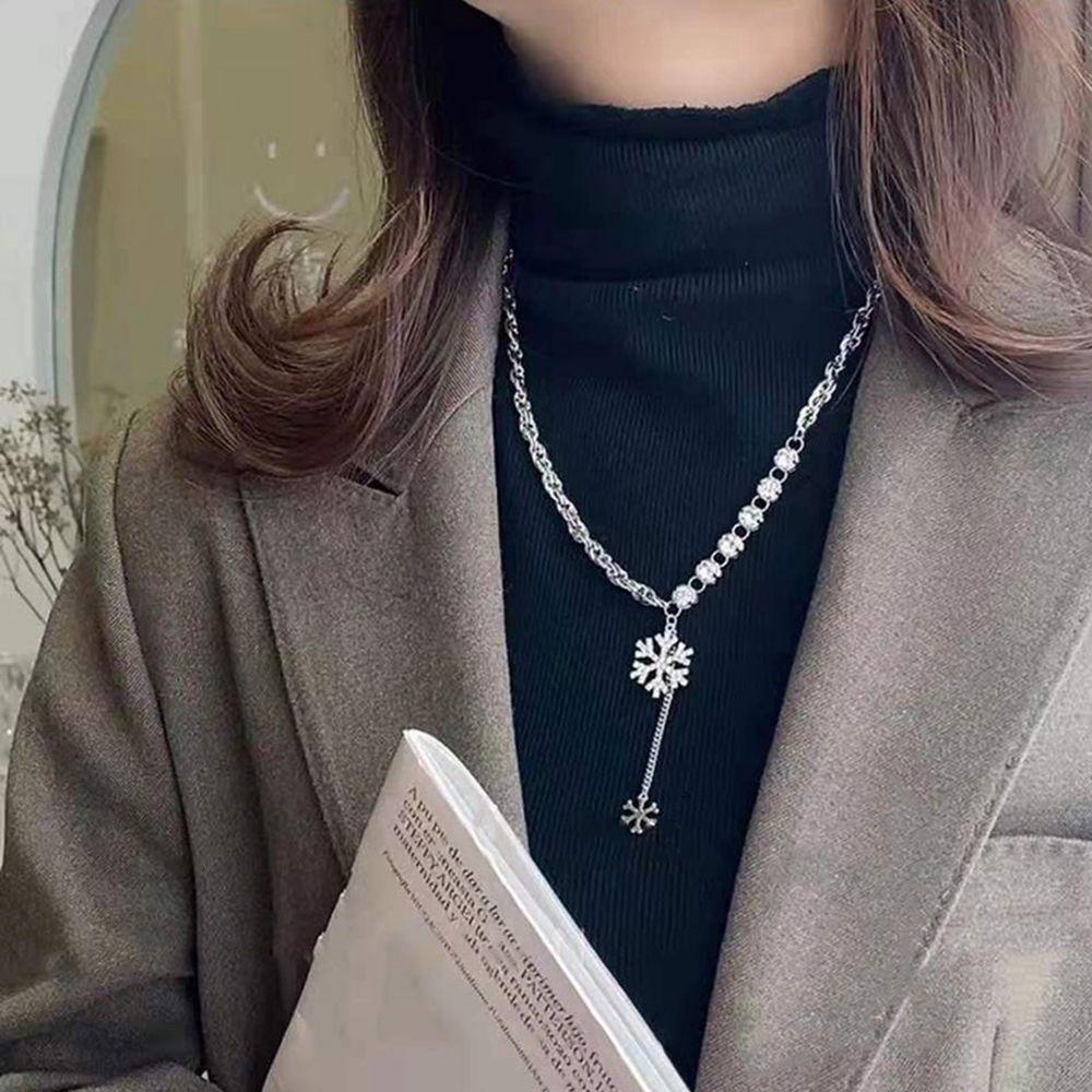 NEEDWAY Snowflake Kalung Geometris Sederhana Panjang Sweater Rantai Rumbai Berlian Imitasi Gadis Wanita Sweater Chain