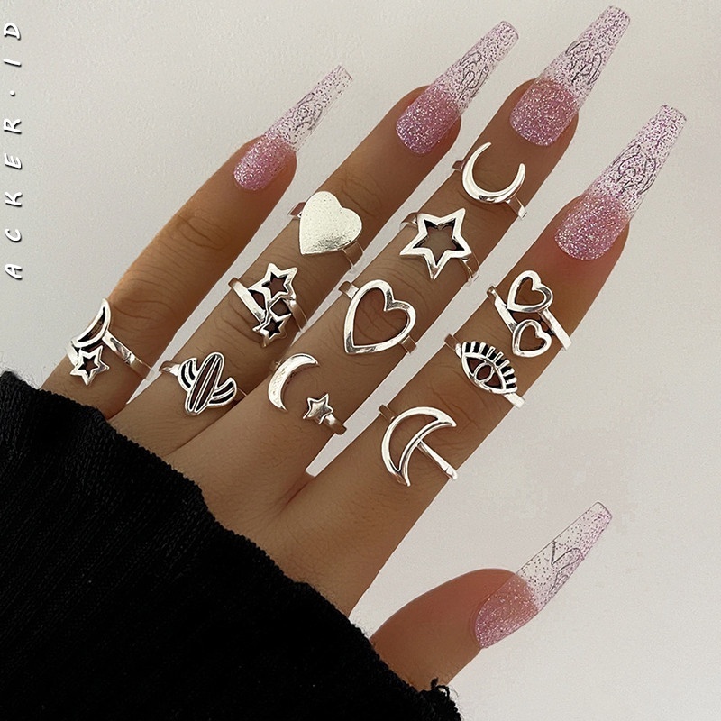 11pcs / Set Cincin Desain Hati Bulan Bintang Kaktus Mata Model Rongga Untuk Aksesoris Perhiasan Wanita