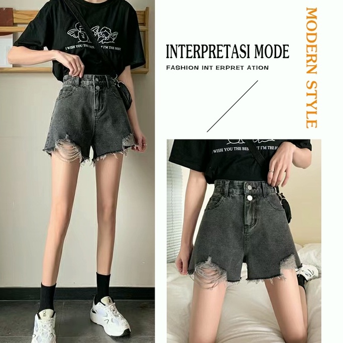 CEWEK_ID Celana hotpants jeans Pendek Denim Wanita Korean style ripped sobek Robek Pinggang Tinggi Fashion Hot Pants Abu-abu xl 2XL jens jins short