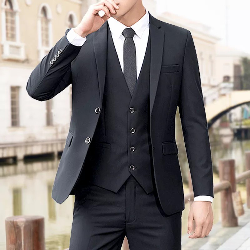 SETELAN JAS HITAM PRIA FORMAL KERJA KANTOR SLIMFIT 5IN1 BAHAN HIGH TWIST PREMIUM BLACK (S,M,L,XL)