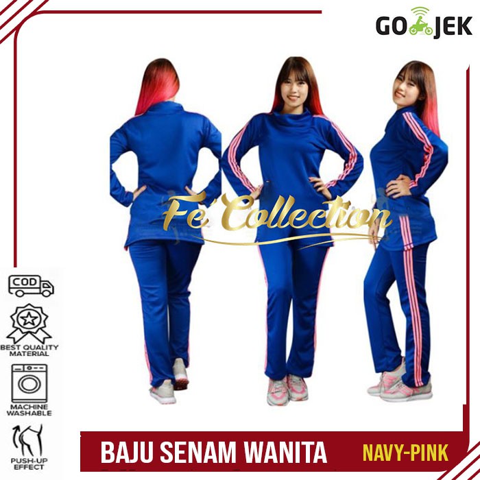 TERLARIS Baju senam olahraga scuba navy lis pink / Set baju senam muslim Rok / Set baju senam