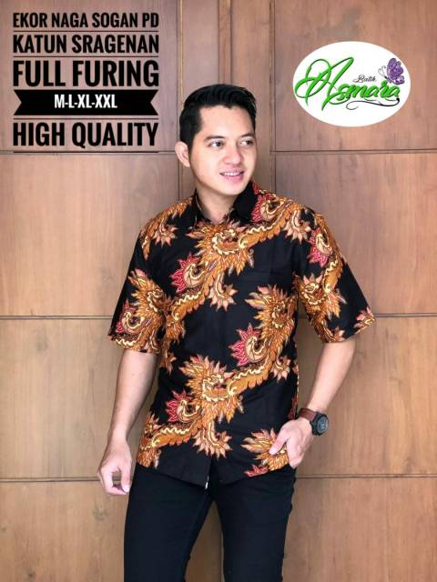 Batik Solo EKOR NAGA SOGAN Kemeja Pria Katun Sragenan Full Furing