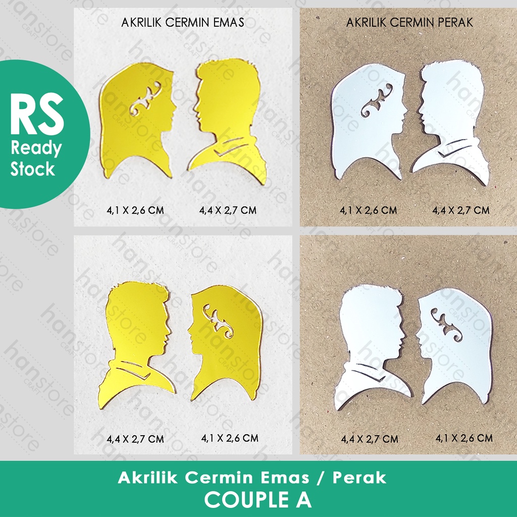 RS 4 cm Siluet Couple MUSLIM MINI / Akrilik Cermin Emas / Perak / Dekorasi / Mahar / Seserahan