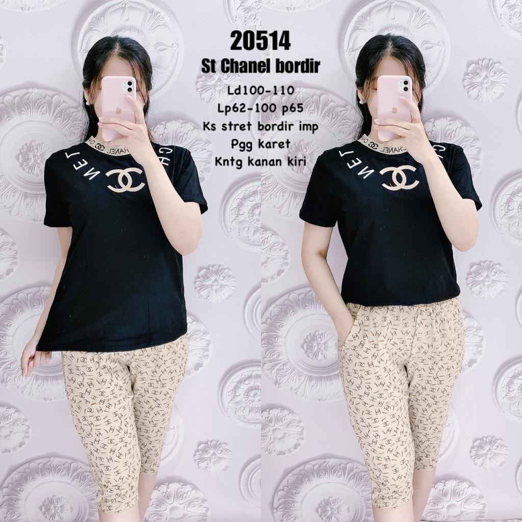 SETELAN KAOS+CELANA WANITA IMPORT PREMIUM CHANEL BORDIR STRET 20514