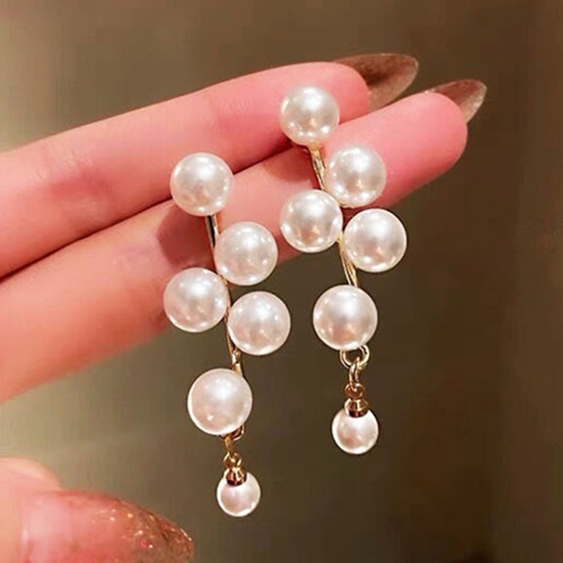 Anting Kait Rumbai Panjang Manik-Manik Mutiara Bulat Gaya Korea Untuk Wanita