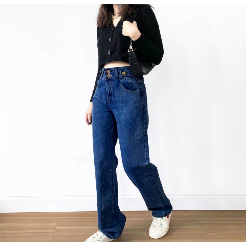 Weki Highwaist Loose Jeans Wanita Halsey Navy Blue Korean Pants