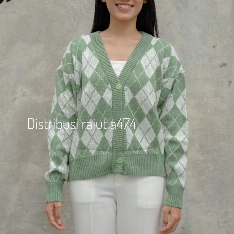 Cardigan  Rajut Korea  Motif ketupat Atasan Wanita Import Leopard Kardigan Korea Knit Halus Motif