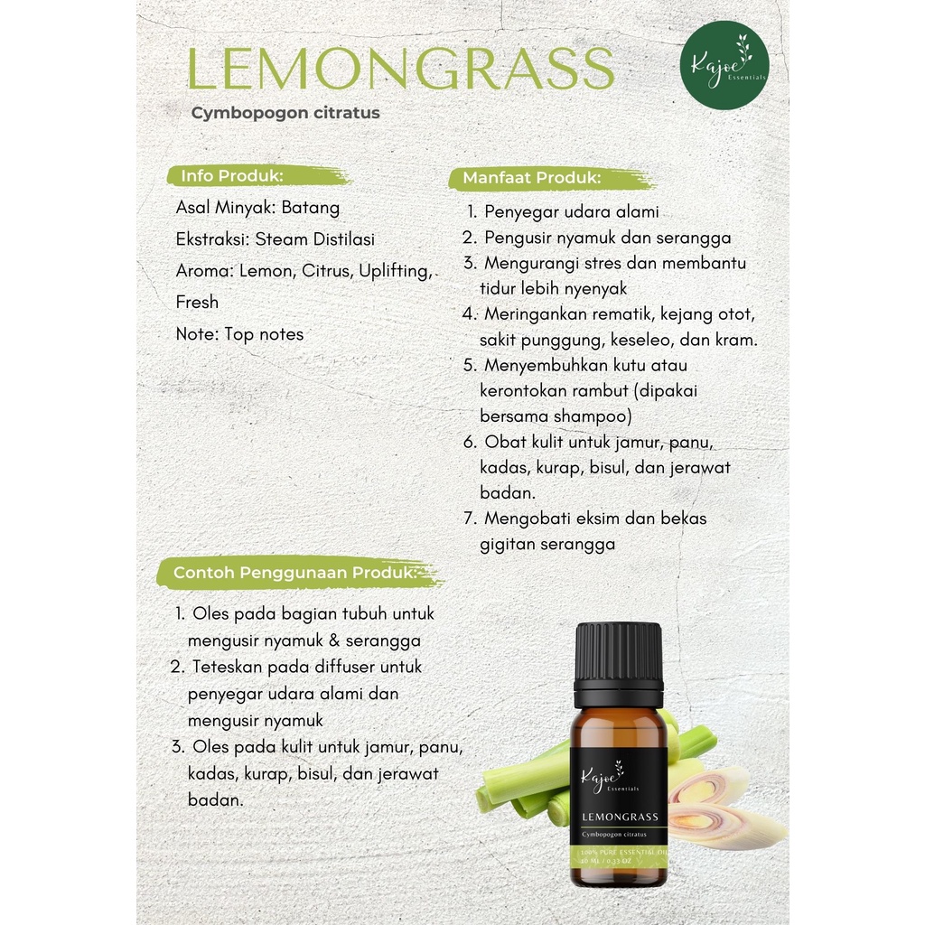 KAJOE Lemongrass Essential Oil Diffuser Minyak Sereh Esensial Atsiri Aromaterapi Aromatheraphy