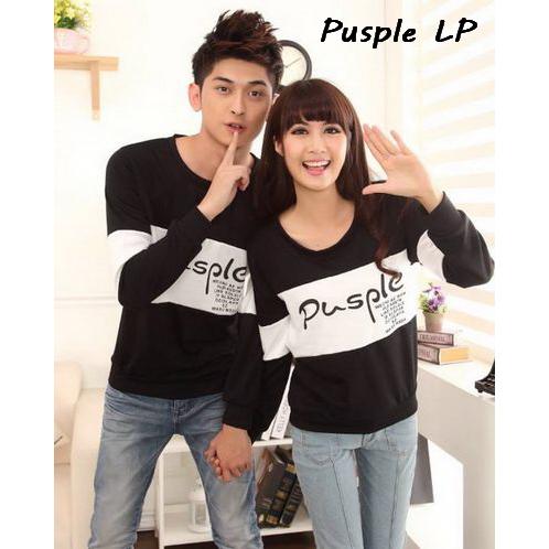 baju couple lengan panjang keren fashion kaos pasangan simple lp pusple hitam