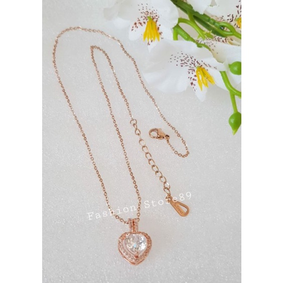 Kalung titanium Rosegold Liontin love full permata Zircon import edisi terbatas antikarat titanium