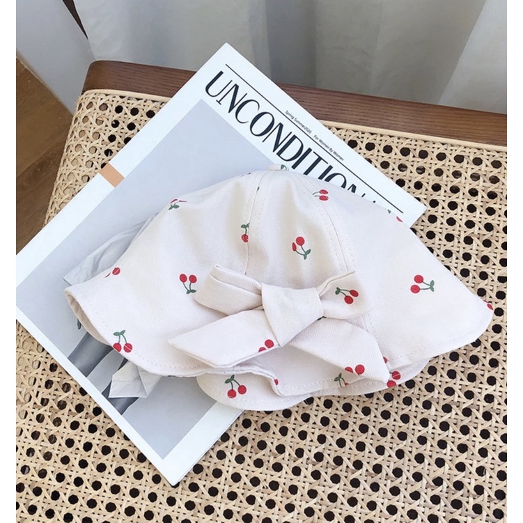 Topi Bucket Anak Bayi Balita Perempuan Import Model Pita Cherry-Beige