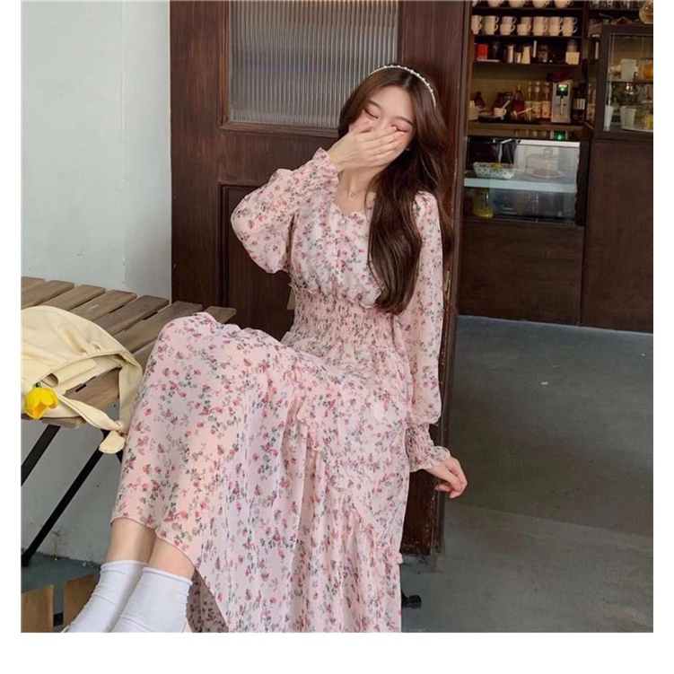 KIWI[JESSICA]Dress motif tunik bunga sifon lengan panjang hijab friendly casual