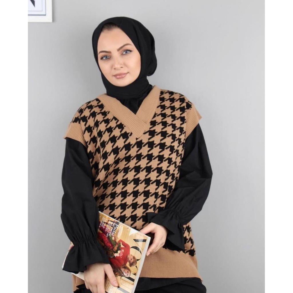 rompi Houndstooth Vest / JENNIE Rajut VEST WANITA KOREA
