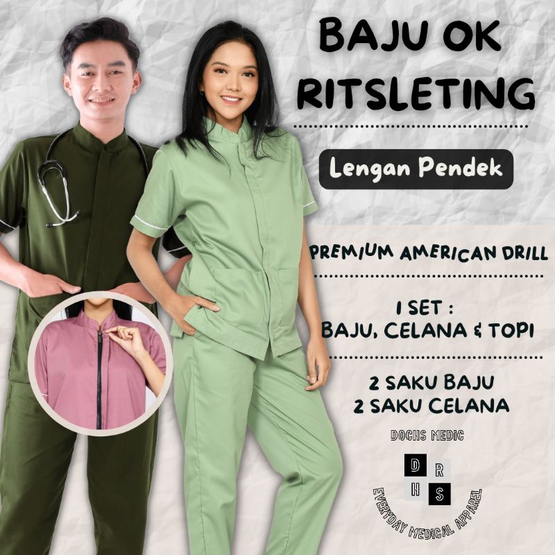 Baju OK ZIPPER / Baju Jaga / Scrub Medis ZIPPER Lengan Pendek DOCHS MEDIC