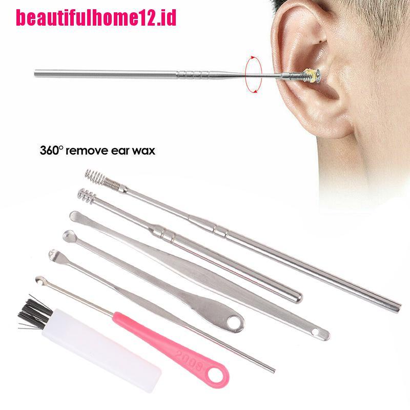 【beautifulhome12.id】7Pcs/Set Stainless Steel Ear Pick Curette Wax Earpick Scoop Remover Cleaner Tool