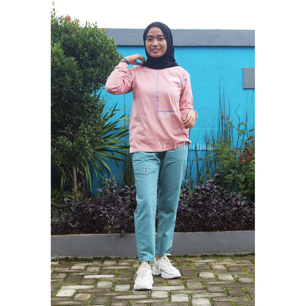 DAILY SET NEC ORI - Kaos NEC Dust & Celana Cargo Ring Slim Fit Biru Wardah ONE SET PREMIUM