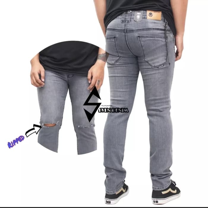 Grey Knee Ripped Jeans-Celana sobek Pria-Abu - Abu -abu Tua, S
