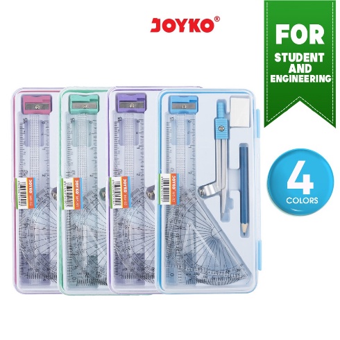 JOYKO JANGKA SET / MATH SET JANGKA PENGGARIS BUSUR SET MS-82 PINK PURPLE BLUE GREEN - BIRU HIJAU UNGU