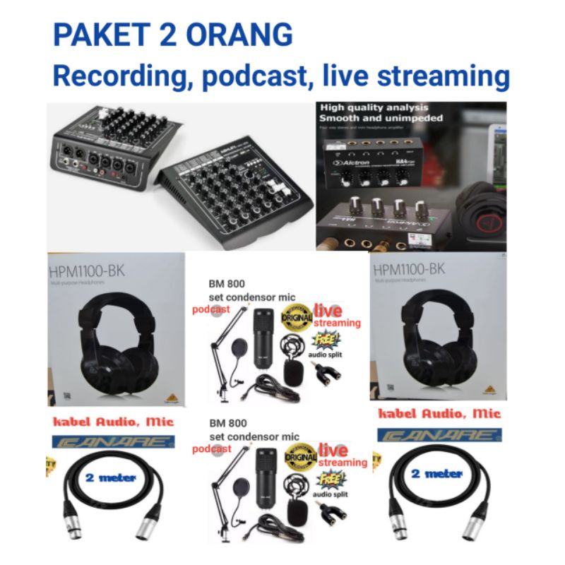recording, live streaming, podcast, mixer Ashley, mic BM 800, headphone behringer, PAKET 2 ORANG
