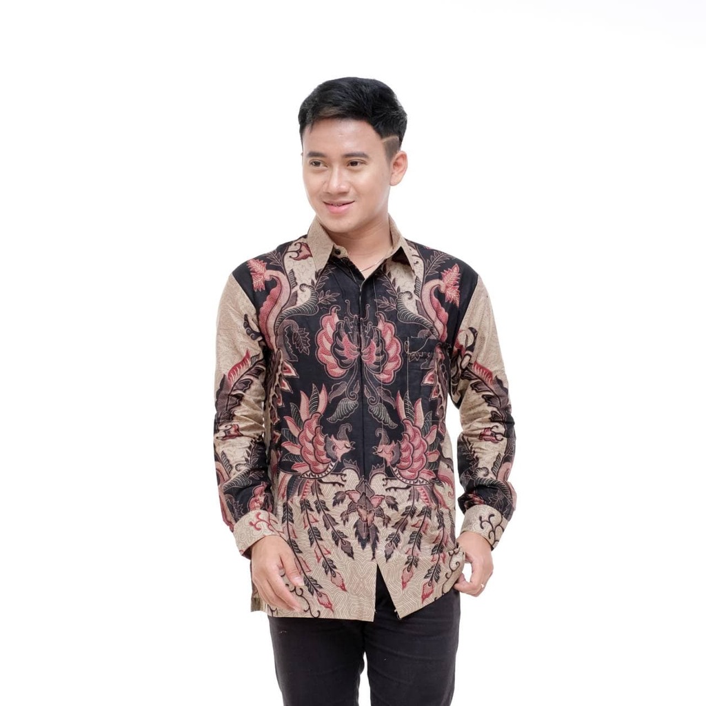 Batik Pria Lengan Panjang BATIK AZMIL HRB026 motif KERATONAN Kode 002 size M L XL XXL Reguler-Kmj tanahan