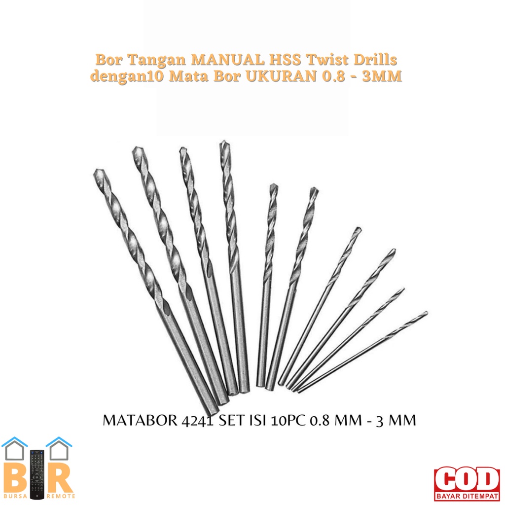 Bor Tangan MANUAL HSS Twist Drills dengan10 Mata Bor UKURAN 0.8 - 3mm