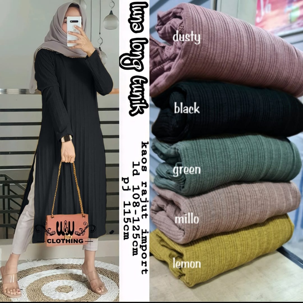 Luna Long Tunik Rajut Harian Jumbo Polos Ld 100 125 Fit To XXL Bahan Kaos Rajut Import Melar Kekinia