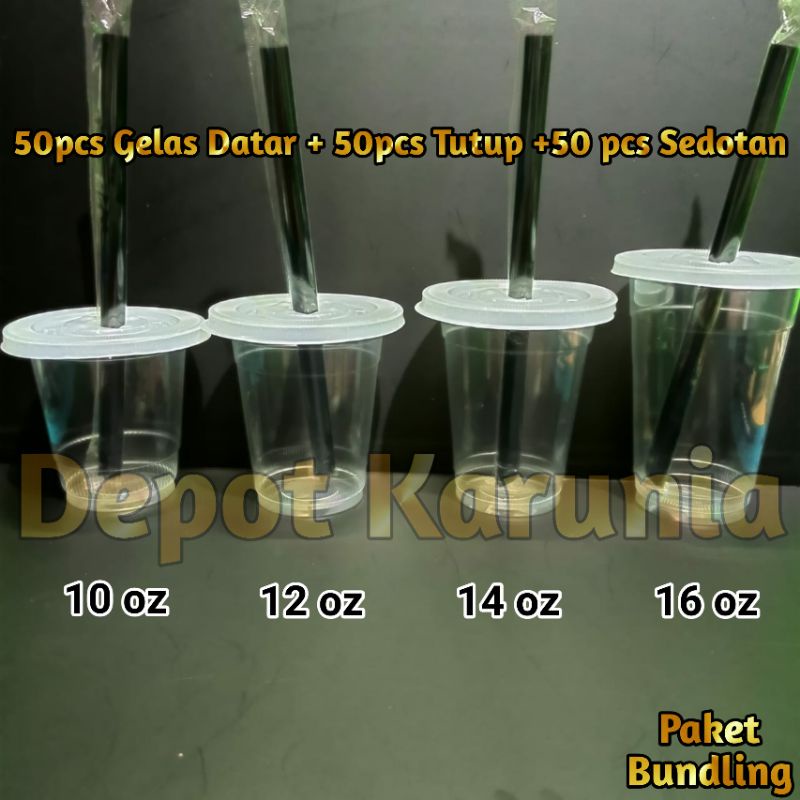 Paket 50 pcs Gelas Cup Plastik Datar + 50pcs Tutup + 50pcs Sedotan / Gelas Cup Plastik