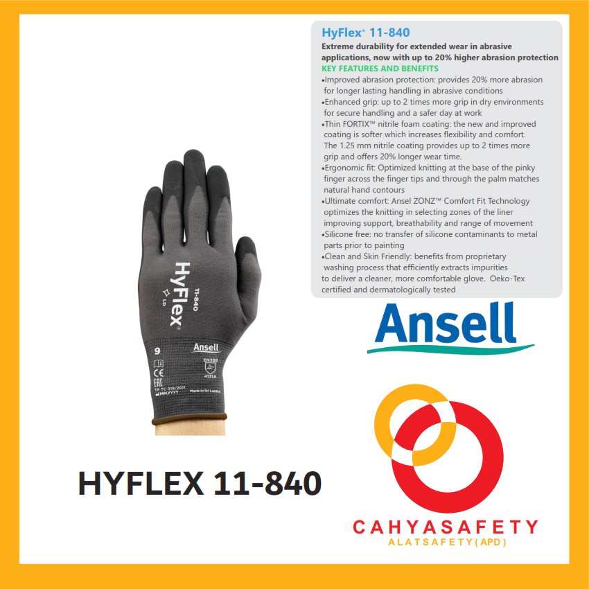 ansell / HyFlex 11-840 / hyflex / 11-840 / sarung tangan safety / safety / sarung tangan