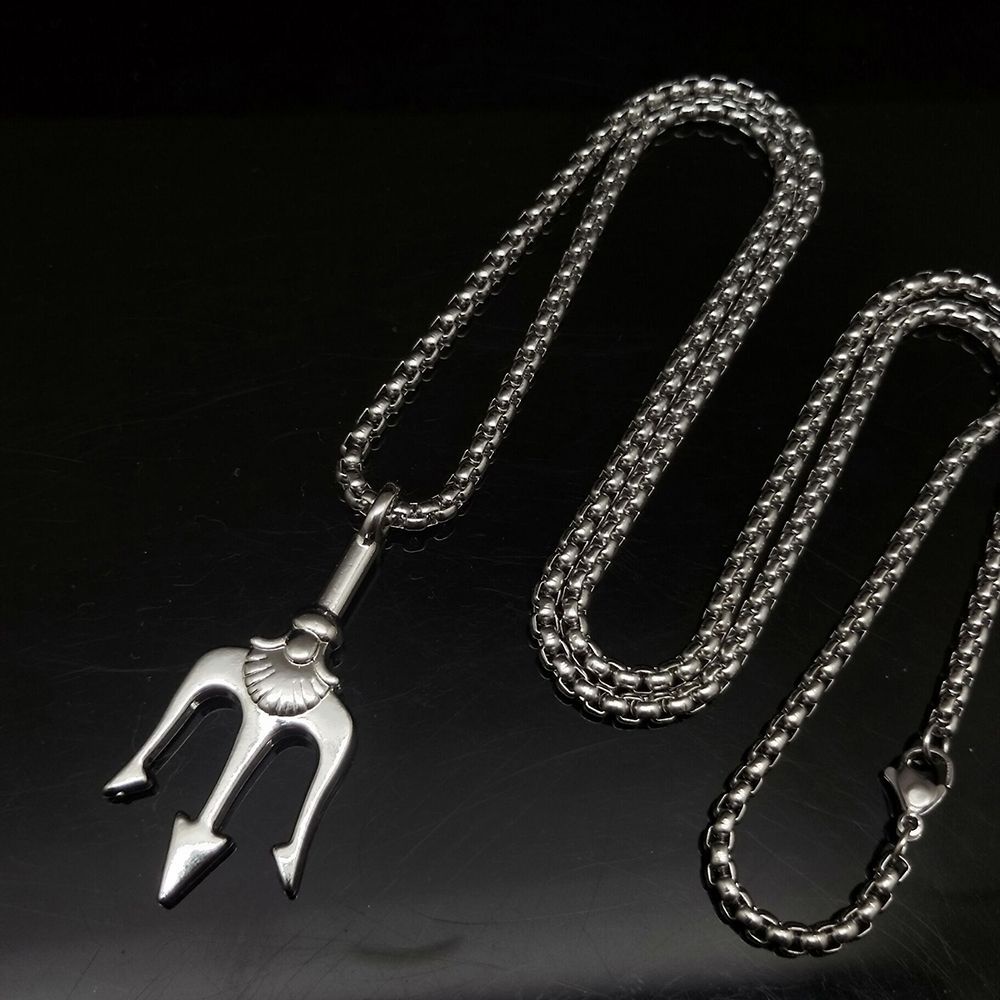 Kalung Rantai Liontin Trisula Unik Bahan Stainless Steel Gaya Hip Hop Korea Untuk Pria Dan Wanita