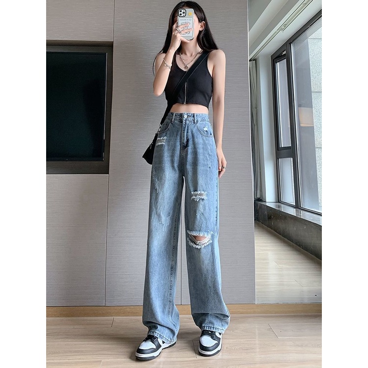 jeans import boyfriend celana wanita ripped highwaist panjang kekinian 2023 korean style ootd