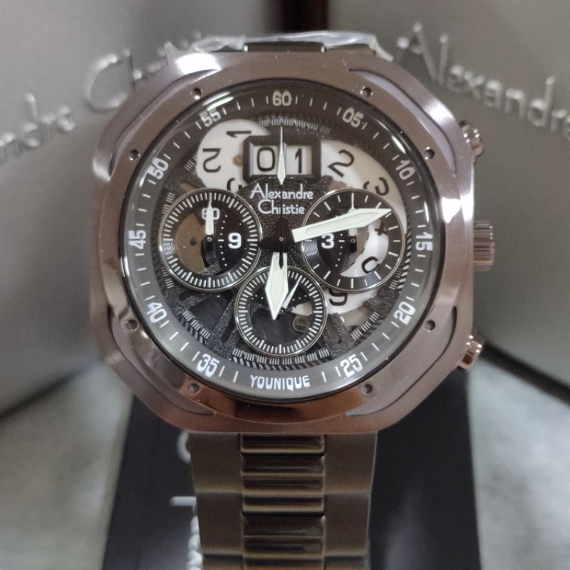 Jam Alexandre Christie AC 6468 MC BEP Pria Rantai Abu Hitam Bulat