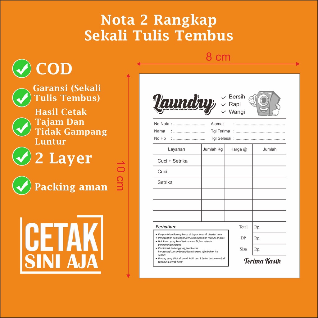 

READY STOK Nota Laundry 1/8 (2 Rangkap) Sekali Tulis Tembus Ready Stok