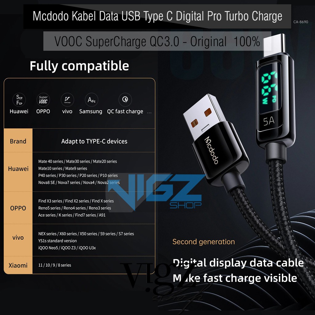 Mcdodo Kabel Data USB Type C Digital Pro Dartcharge Turbo Charge VOOC SuperCharge QC3.0 Original Silver