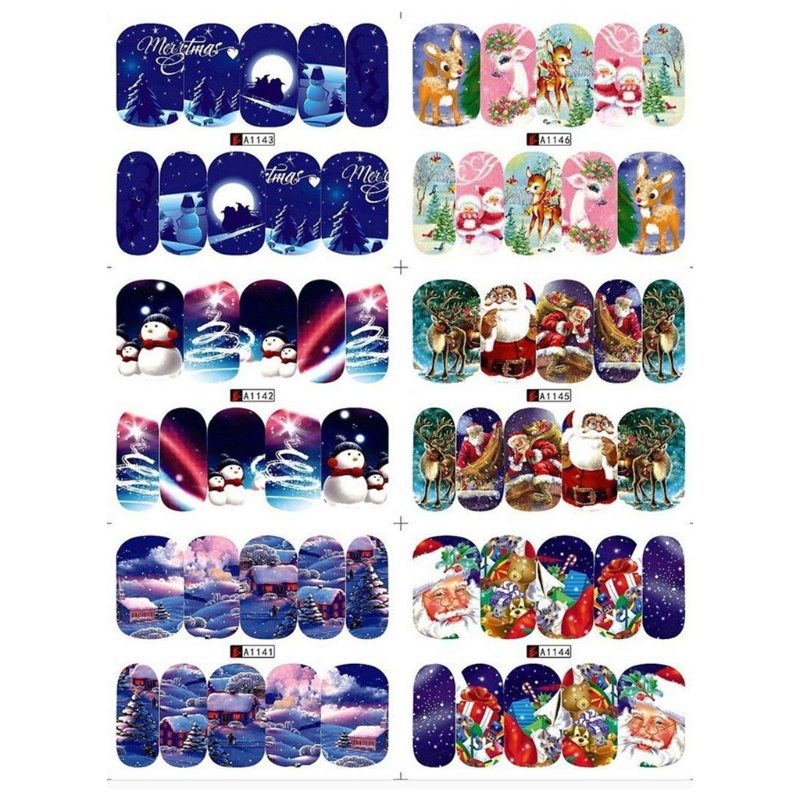 12 Lembar Stiker Kuku Desain Santa Snowman Snowflakes Untuk Natal