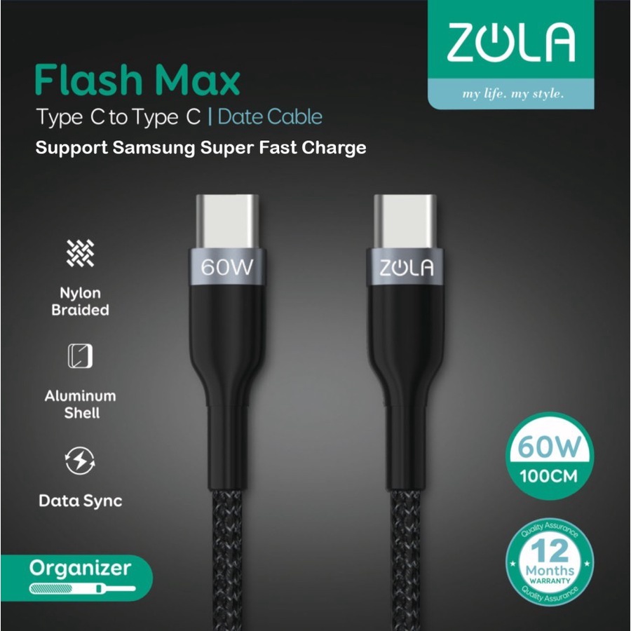 KABEL DATA TYPE C TO TYPE C KABEL FAST CHARGING ZOLA FLASH MAX TYPE C TO TYPE C SUPPORT FAST CHARGING