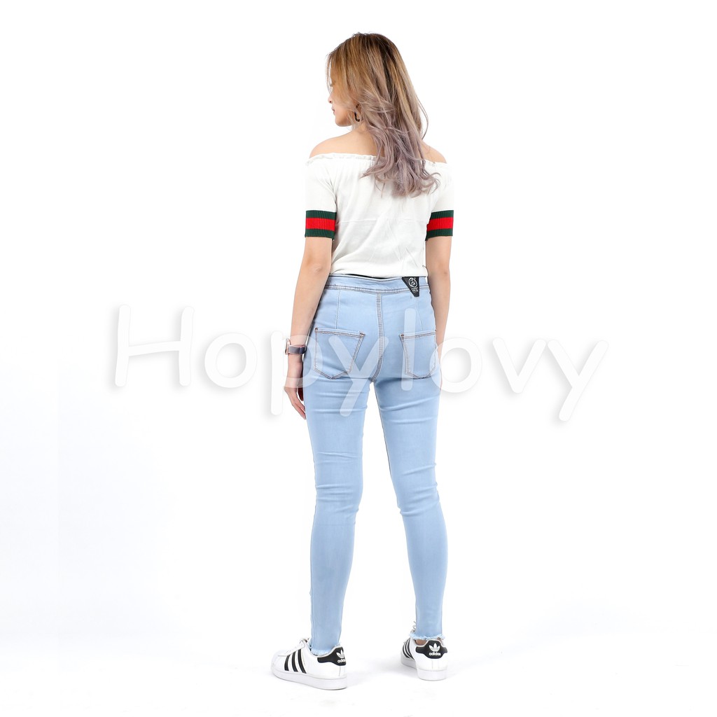 HOPYLOVY Celana Jeans Highwaist Pun Unfinished Ripped Sobek Lutut