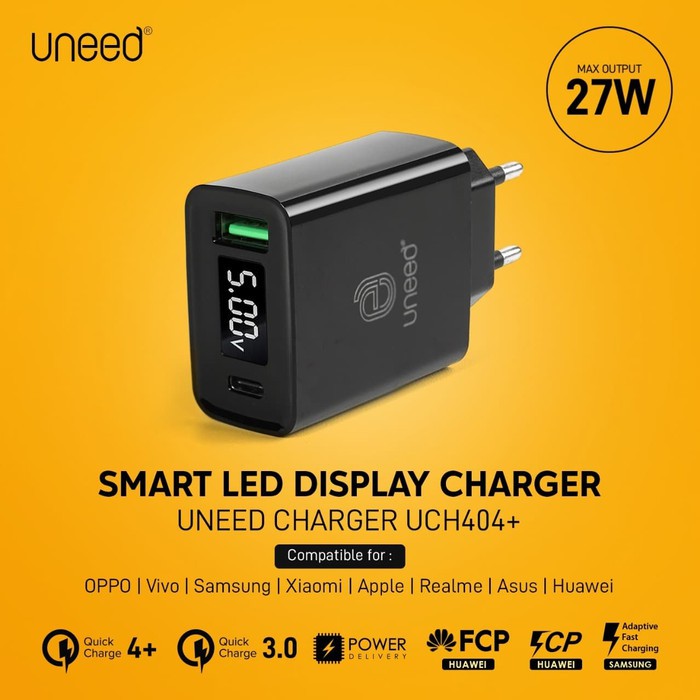 UCH404+ -- UNEED QuickPlug Smart Charger QC 4.0 & PD with LED Display - BLACK