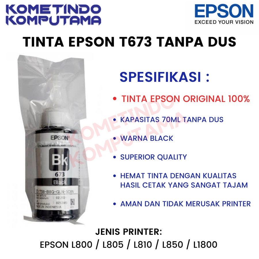 JAMIN ORIGINAL 100% T673 BLACK 70ml Loose Pack Tinta Botol Epson 673 HITAM