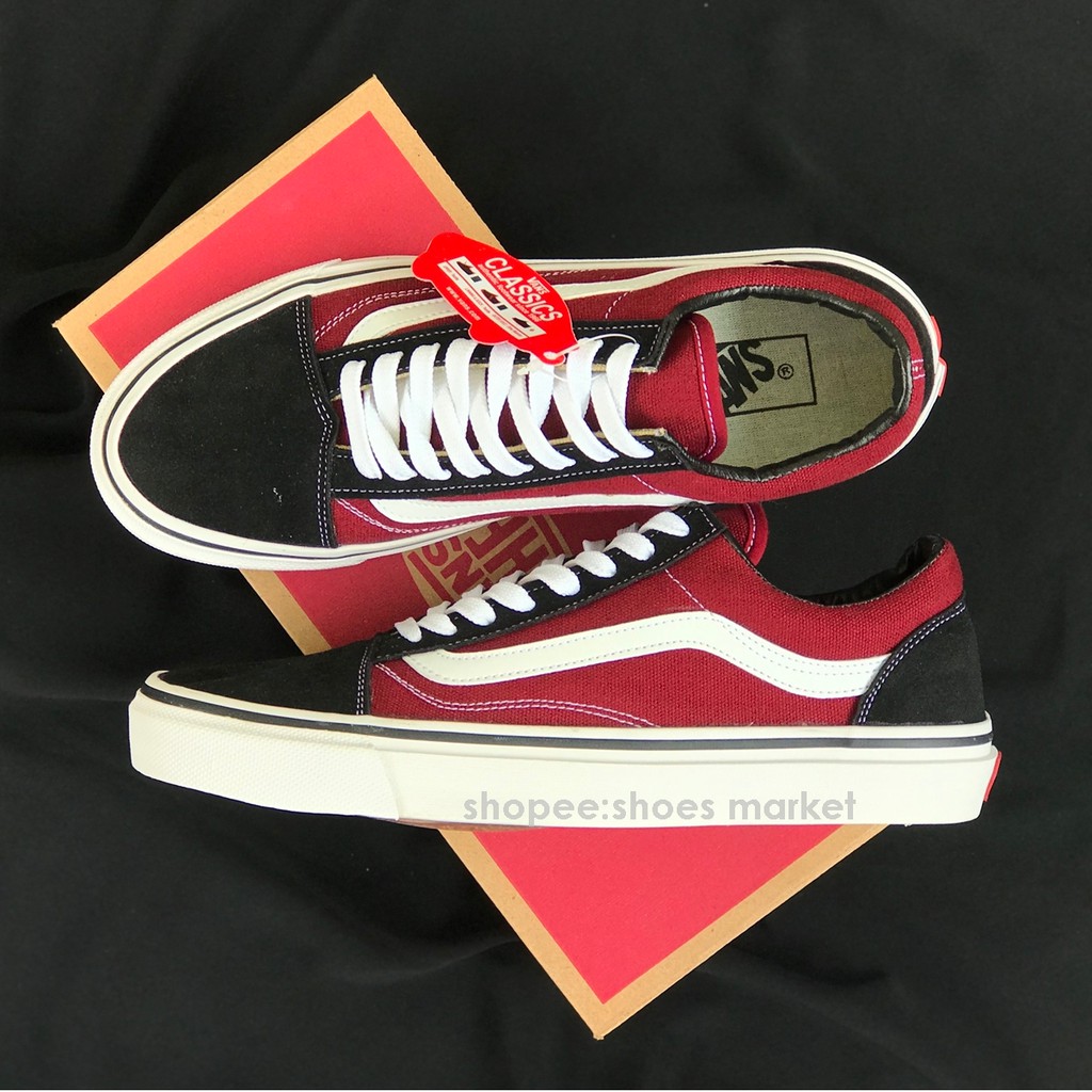 VANS OLDSKOOL BLACK MAROON LIST PUTIH WAFFLE DT