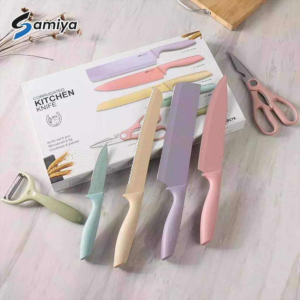 kitchen knife set wheat straw / pisau gunting dapur peeler 6in1 / pisau roti / chef knife gift box