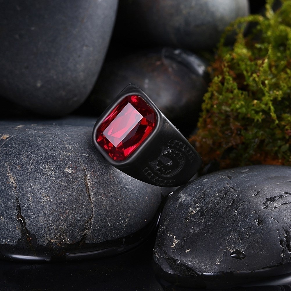 Cool male punk ruby ring oval red crystal ring garnet black metal ring fashion jewelry