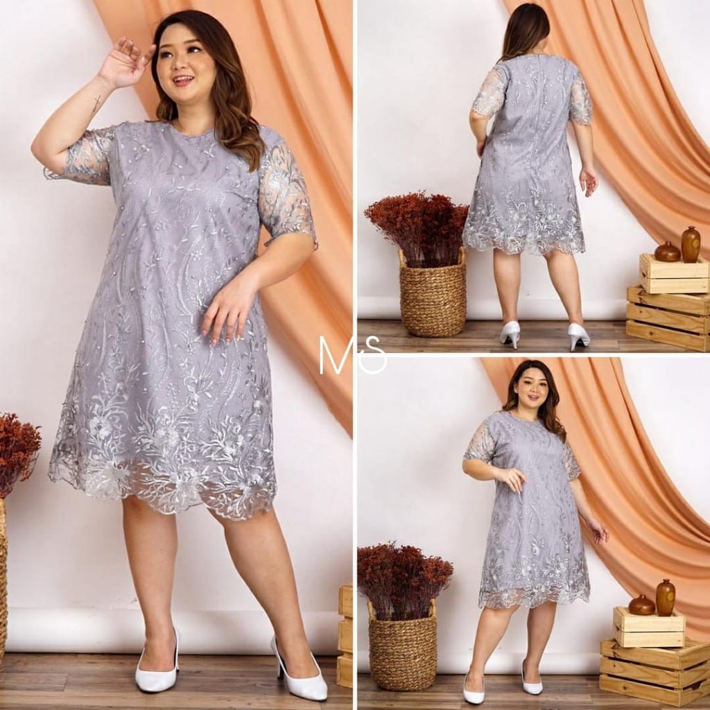 Midi Dress Brukat Big Size XXL Andara 6 Warna | Christmas Dress Big Size | Party Dress Natal | Pakai