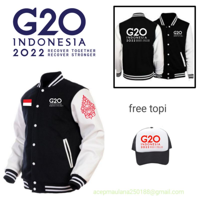 jaket baseball model kancing bersablon G20 Indonesia 2022 + free topi sesuai warn jaket