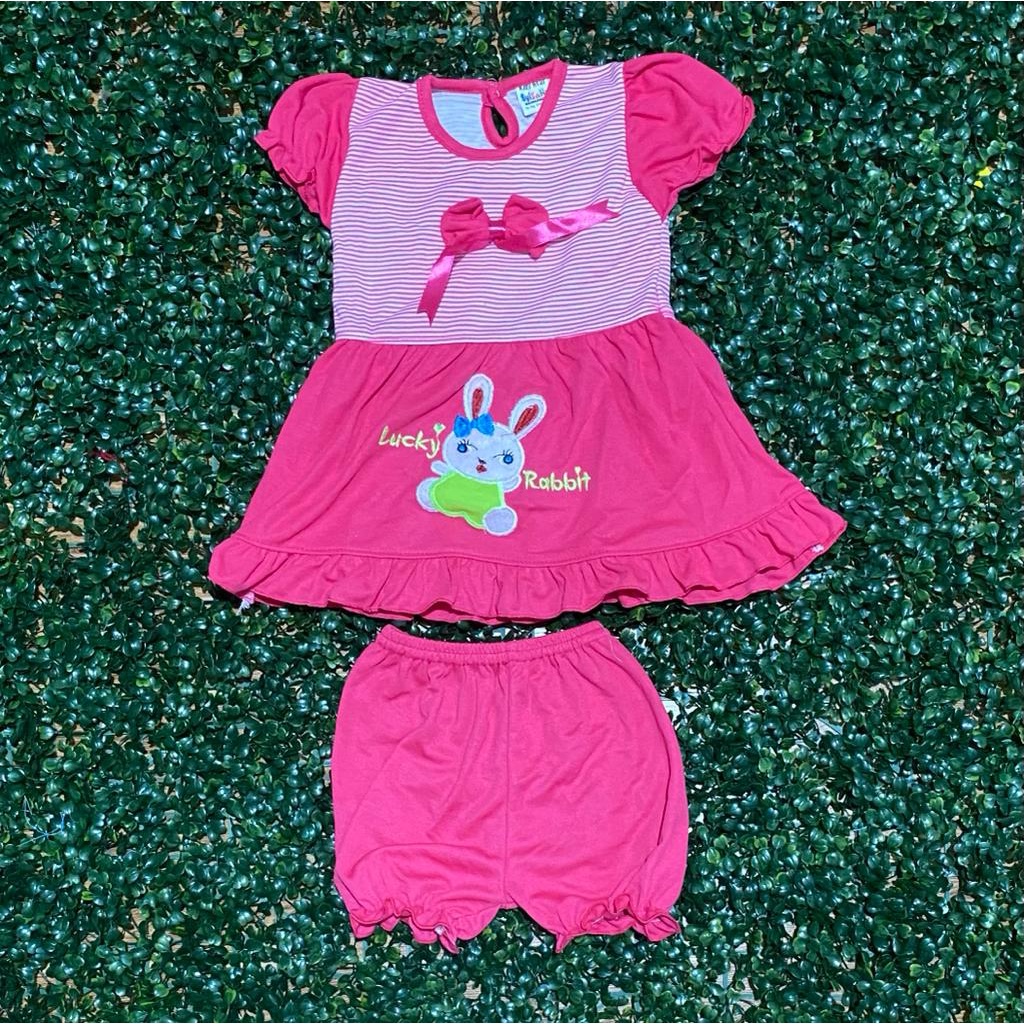 baju bayi dress motif luky bit setelan 3-8bulan